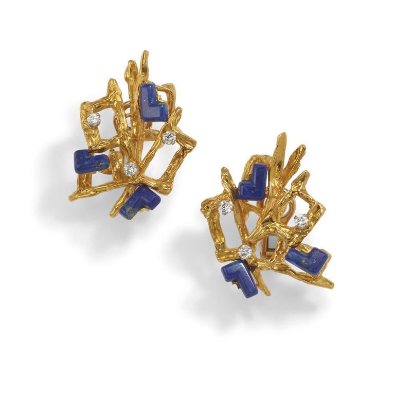 18k Gold Lapis Lazuli and Diamond Earclips