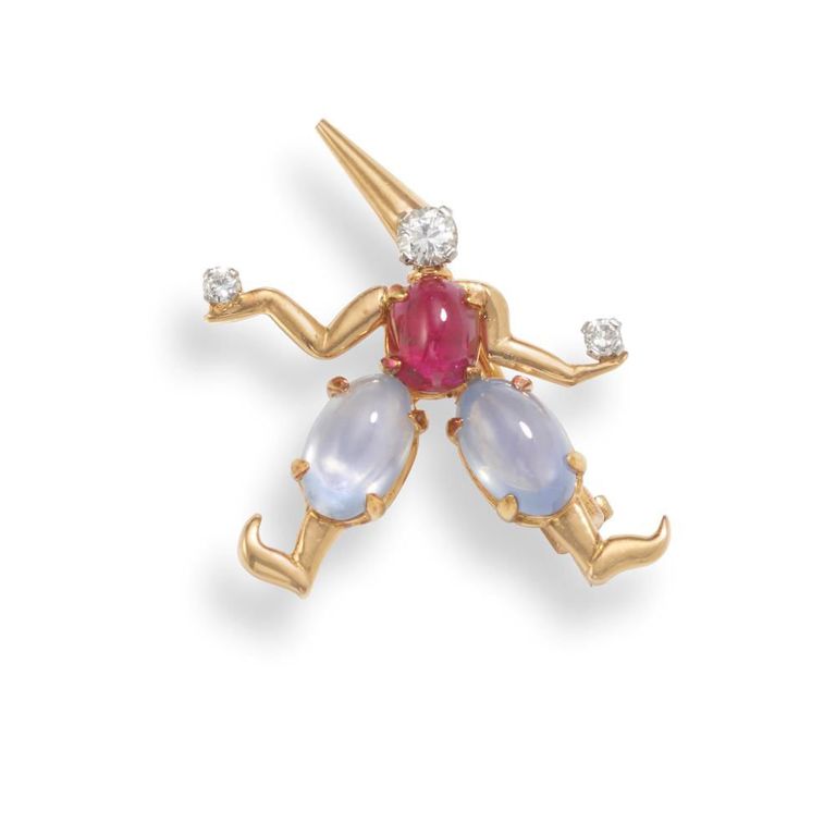 18k Gold, Ruby, Sapphire and Diamond Brooch