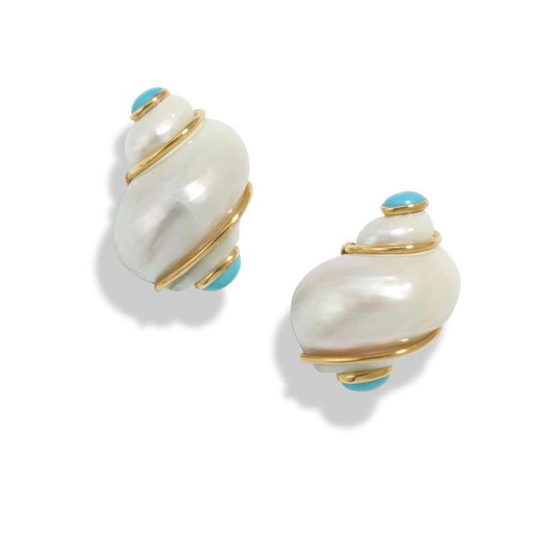 18k Gold Turbo Shell and Turquoise Earclips