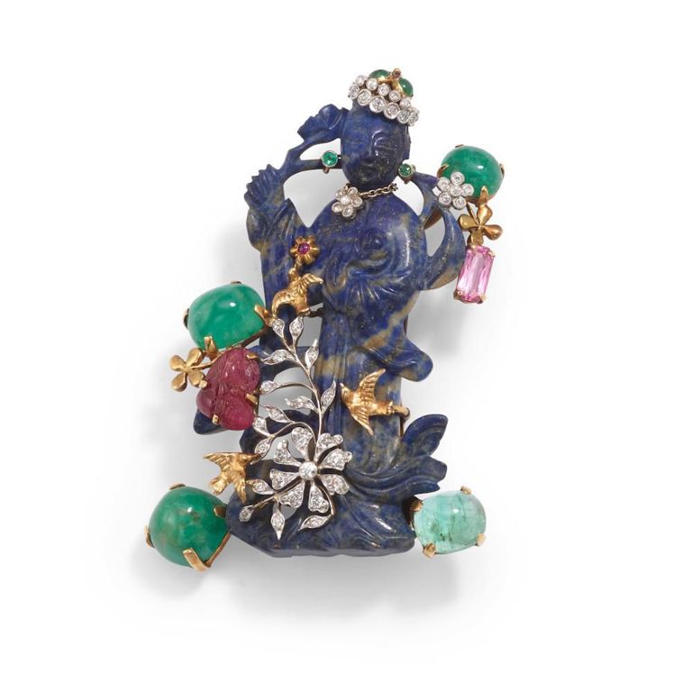 Lapis Lazuli and Diamond Brooch