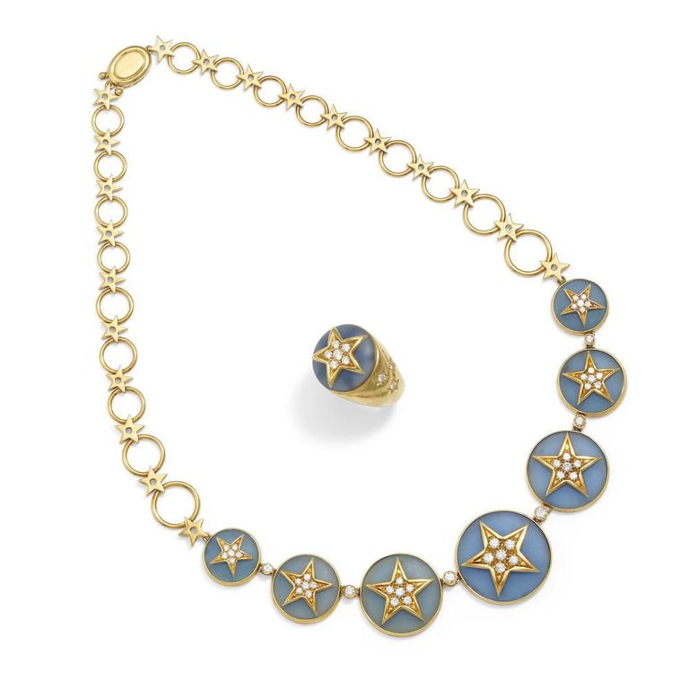 18k Gold Chalcedony and Diamond Necklace and Ring