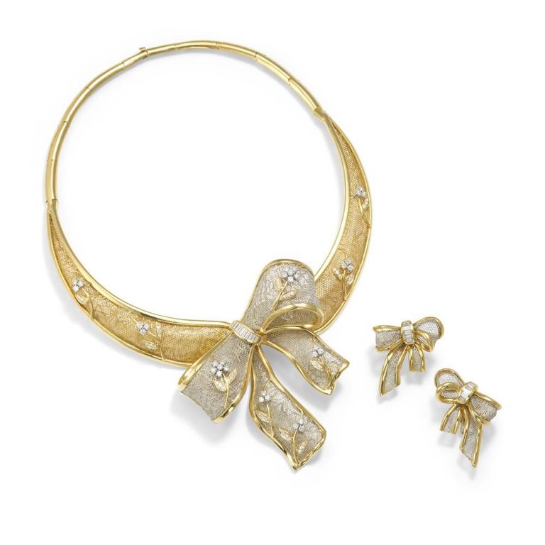 18k Gold, Platinum Diamond Necklace and Earrings