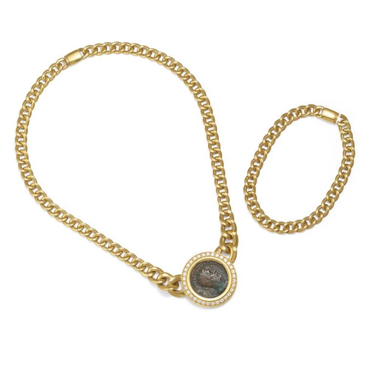 18k Gold Diamond Coin Necklace and Bracelet