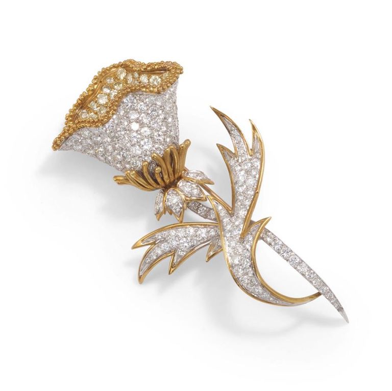 18k Gold Platinum Diamond Flower Brooch