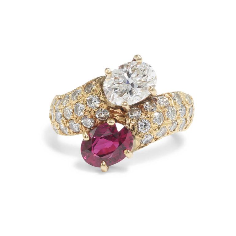14k Gold Bypass Diamond and Ruby Ring