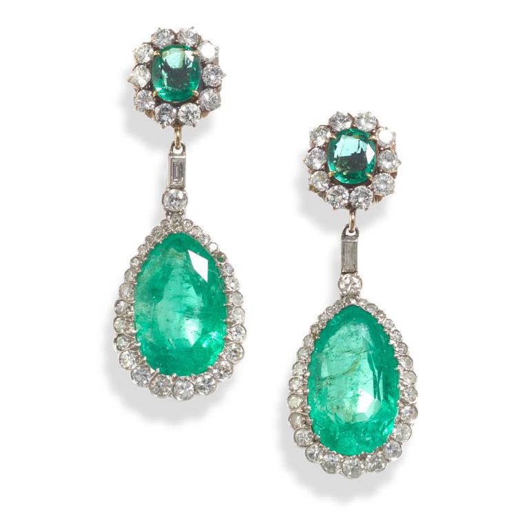 Platinum, Silver and Gold Emerald Earrings