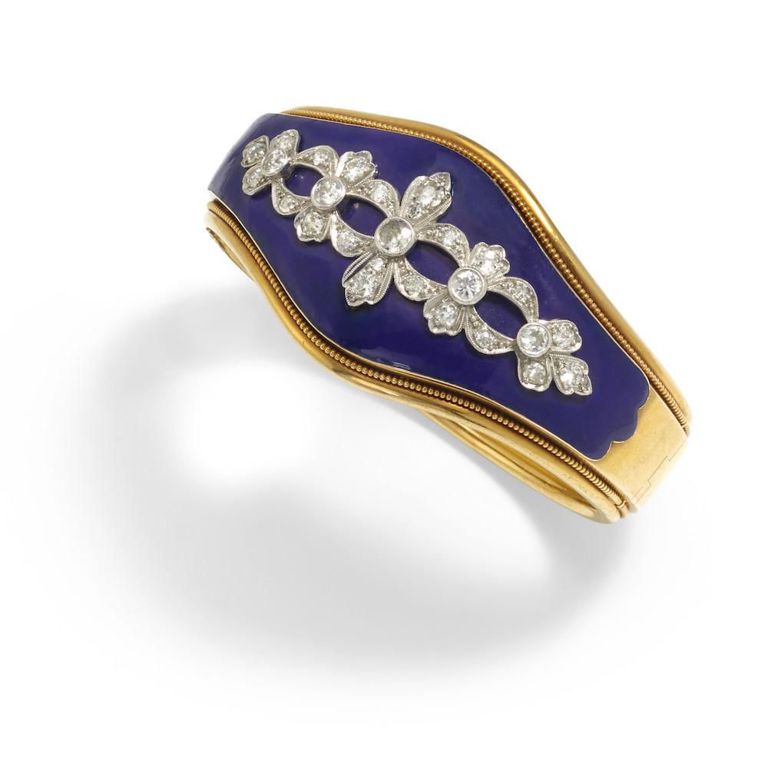 14k Gold Platinum Diamond and Enamel Bracelet