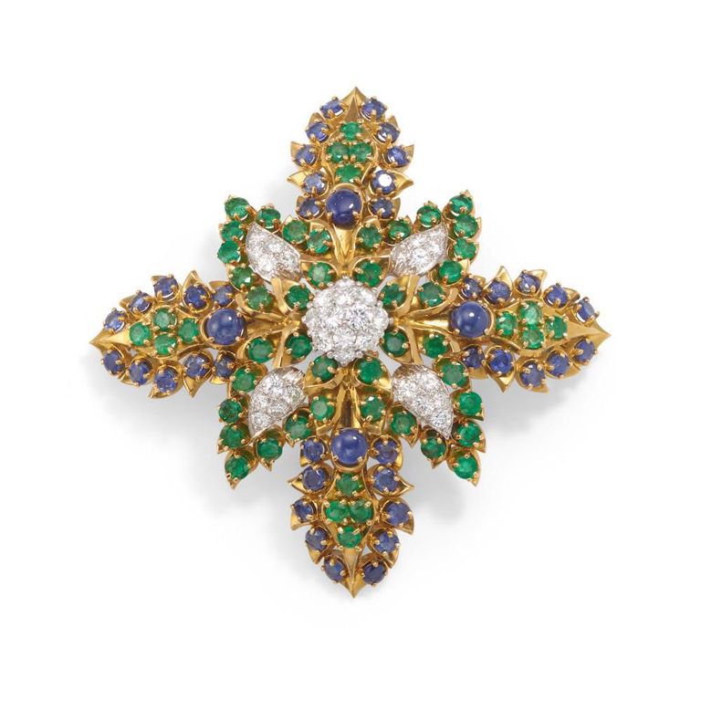 14k Gold Emerald Sapphire and Diamond Brooch