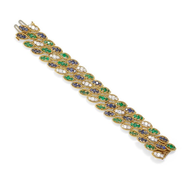 18k Gold Emerald Sapphire and Diamond Bracelet