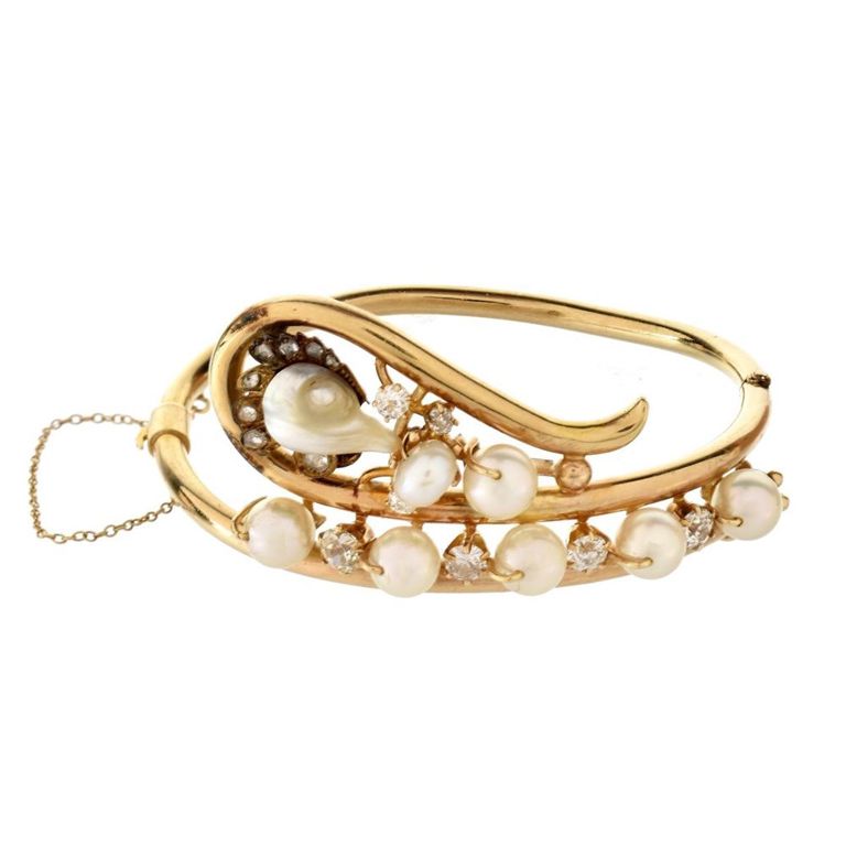 14k Yellow Gold Diamond and Pearl Cuff Bracelet