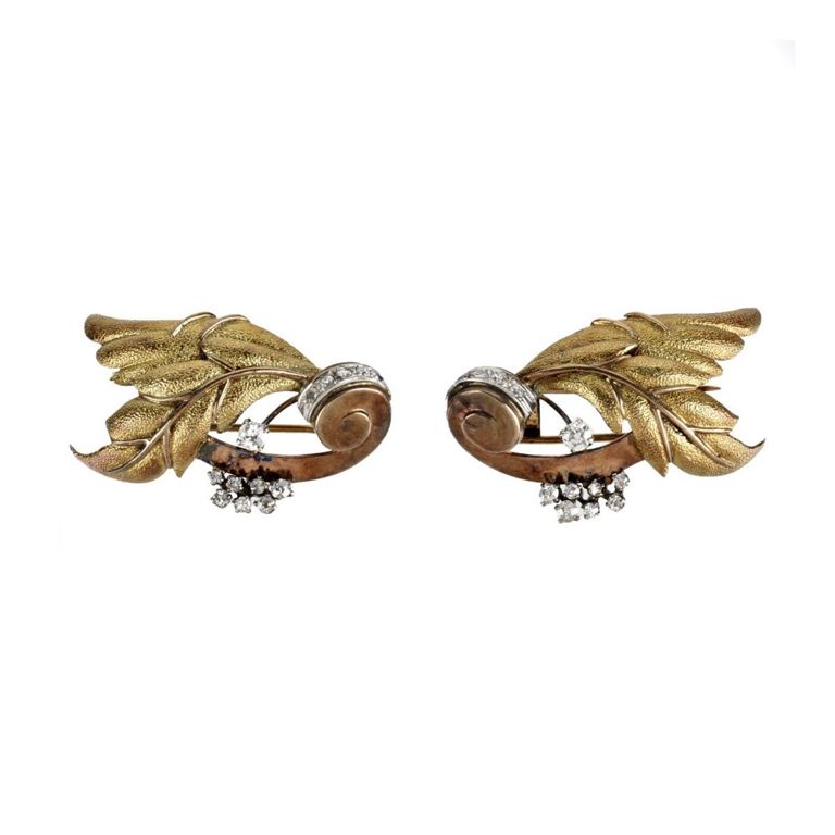 Two 14k Yellow Gold Diamond Clip Brooches