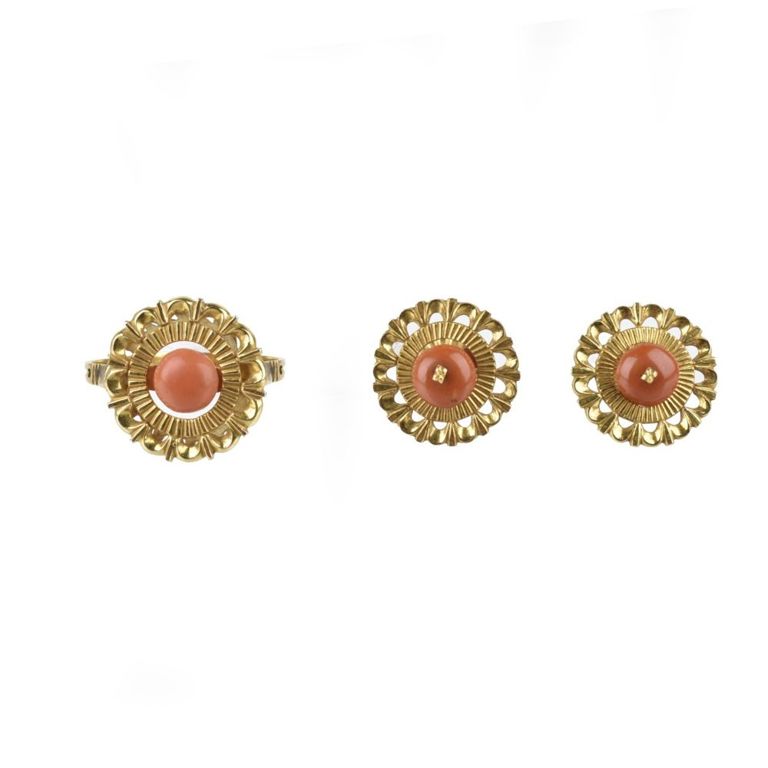 14k Yellow Gold Red Coral Jewelry Set