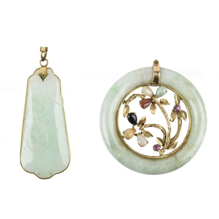 Two 14k Yellow Gold Jade Pendants