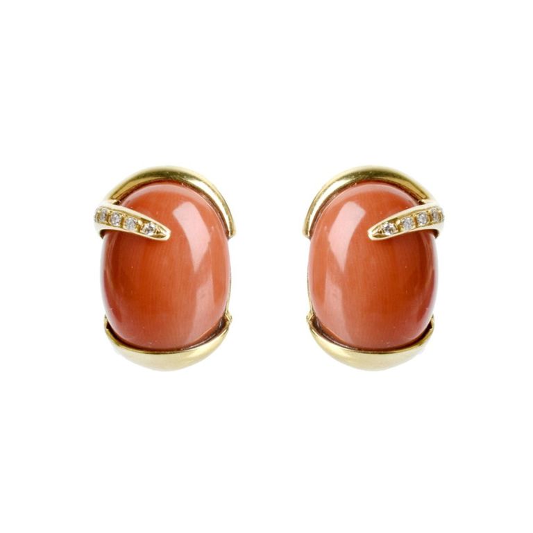 18k Yellow Gold Red Coral and Diamond Earrings