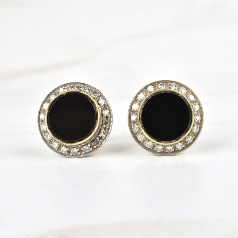 18k Yellow Gold Diamond and Onyx Stud Earrings