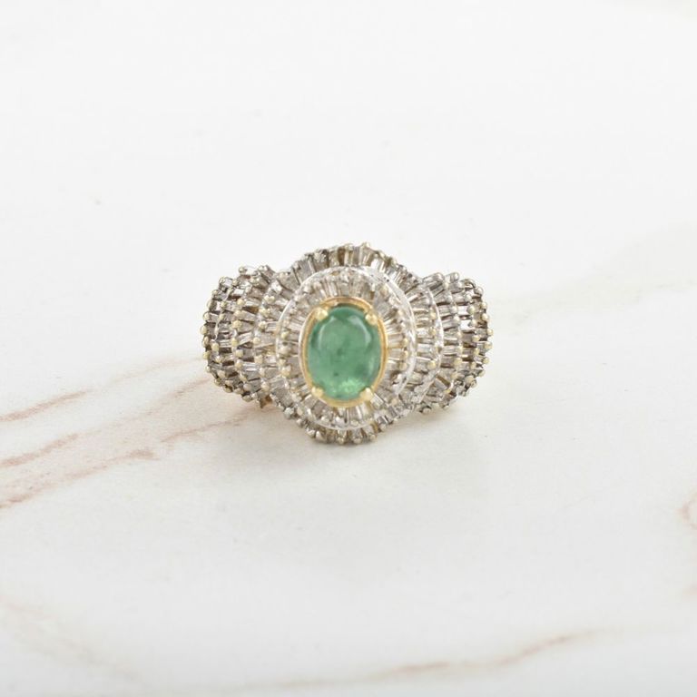 14k Yellow Gold Emerald and Diamond Cluster Ring
