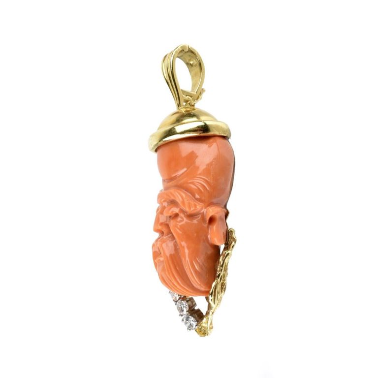18k Yellow Gold Red Coral and Diamond Pendant