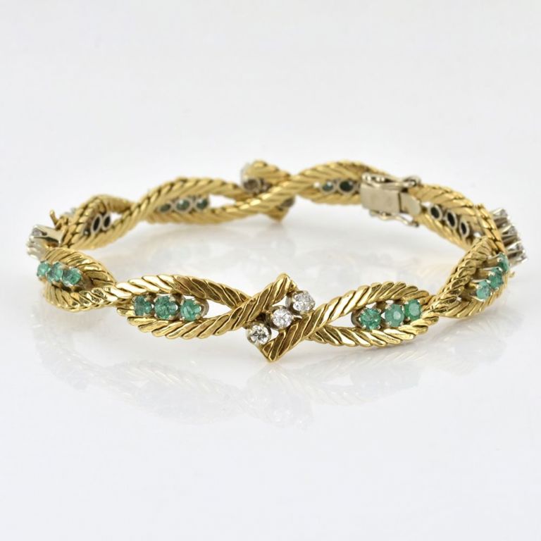 18k Yellow Gold Diamond and Emerald Bracelet