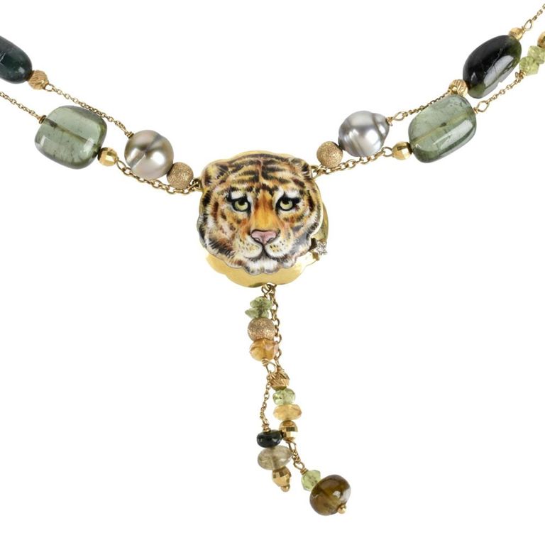 18k Yellow Gold Gemstone Tiger Pendant Necklace