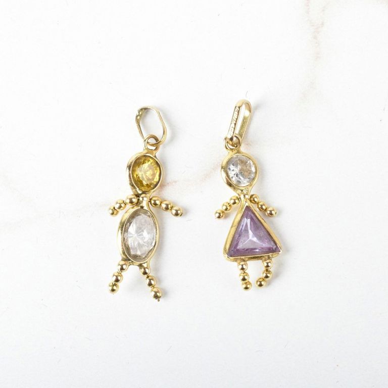 Two 14k Yellow Gold Gemstone and CZ Charm Pendants