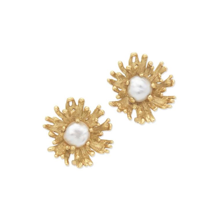 18k Yellow Gold Cultured Pearl Sunburst Earrings
