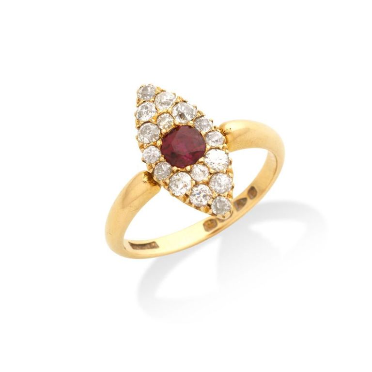 18k Gold Ruby and Diamond Navette Ring