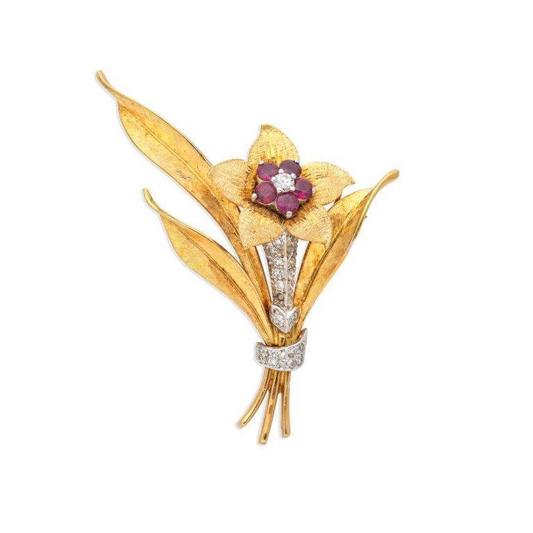 Ruby and Diamond Flower Brooch