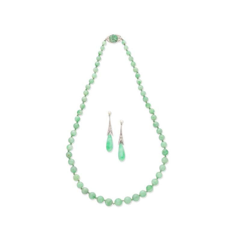 Jade and Diamond Necklace and Earclips