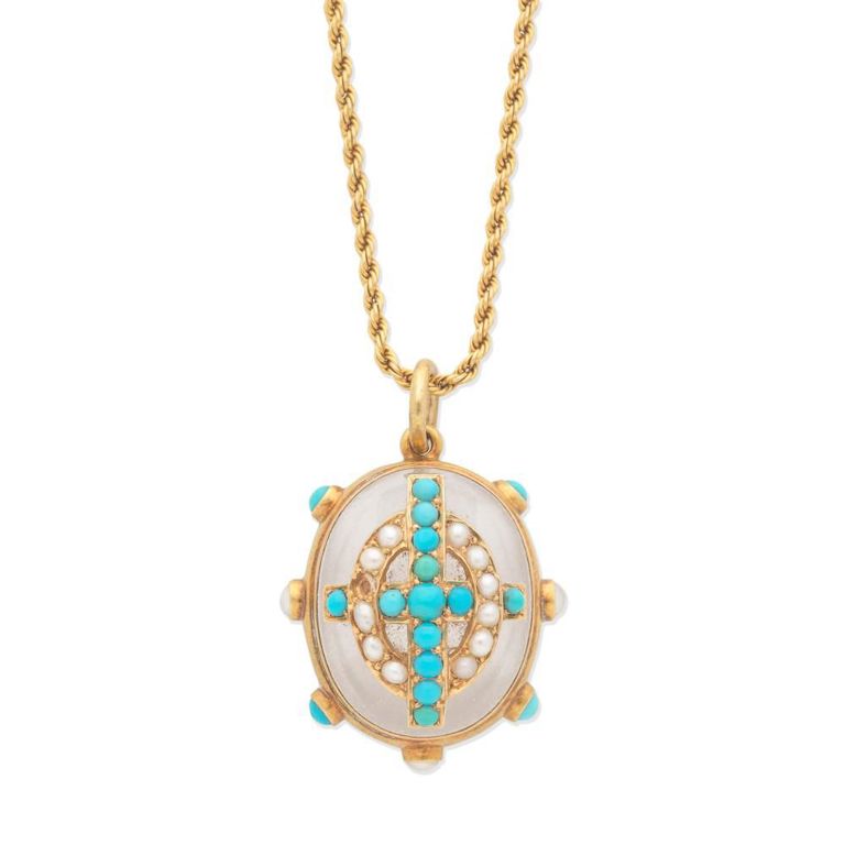 Turquoise, Pearl and Rock Crystal Pendant Necklace