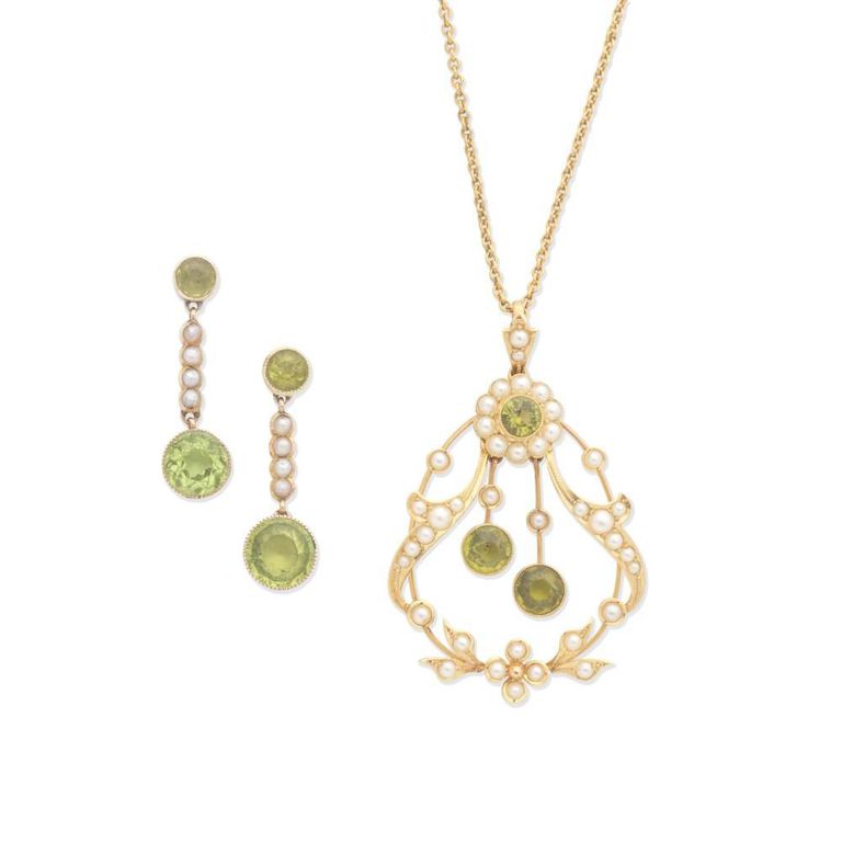 Peridot and Seed Pearl Necklace and Earrings