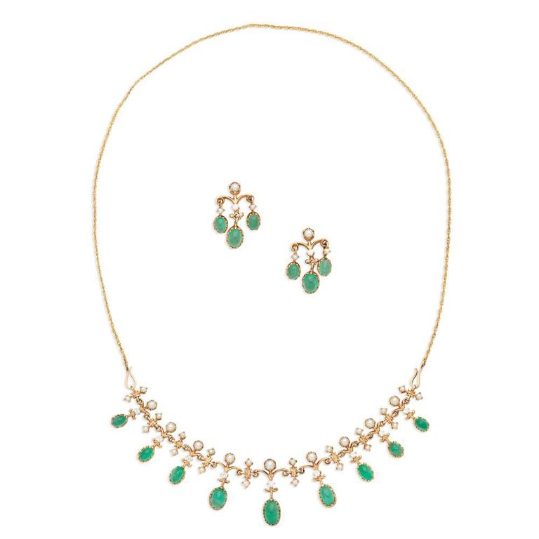 Emerald, Pearl and Diamond Necklace and Earclips