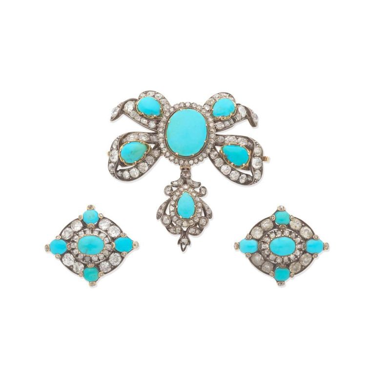 Turquoise and Diamond Brooches and Pendant