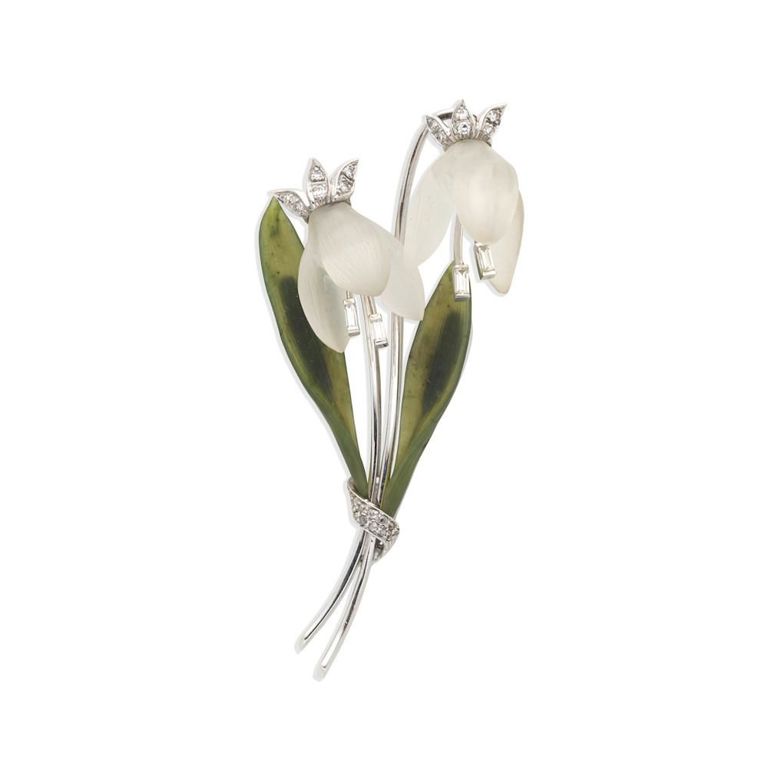 Rock Crystal, Nephrite and Diamond Brooch
