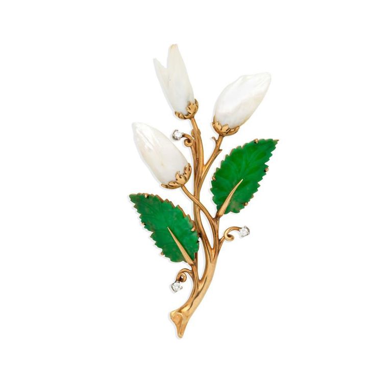 Cultured Pearl, Jadeite and Diamond Brooch