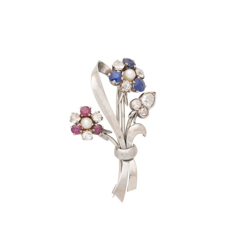 Cultured Pearl Gem-Set and Diamond Brooch