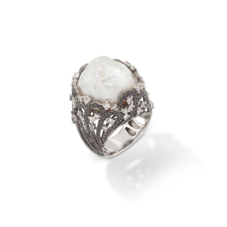 Cultured Pearl Diamond and Black Diamond Ring