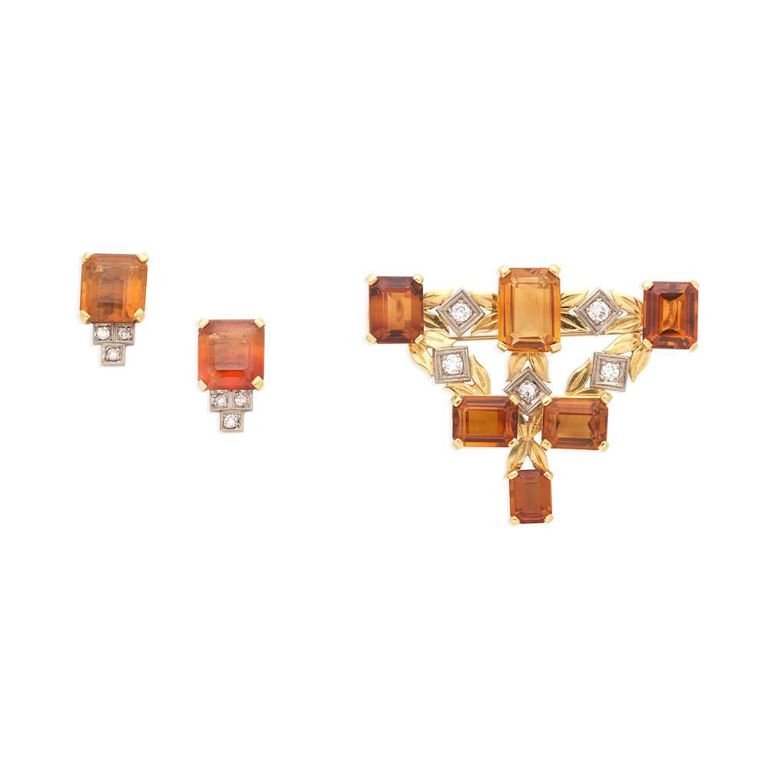 Citrine and Diamond Pendant/Brooch and Earrings