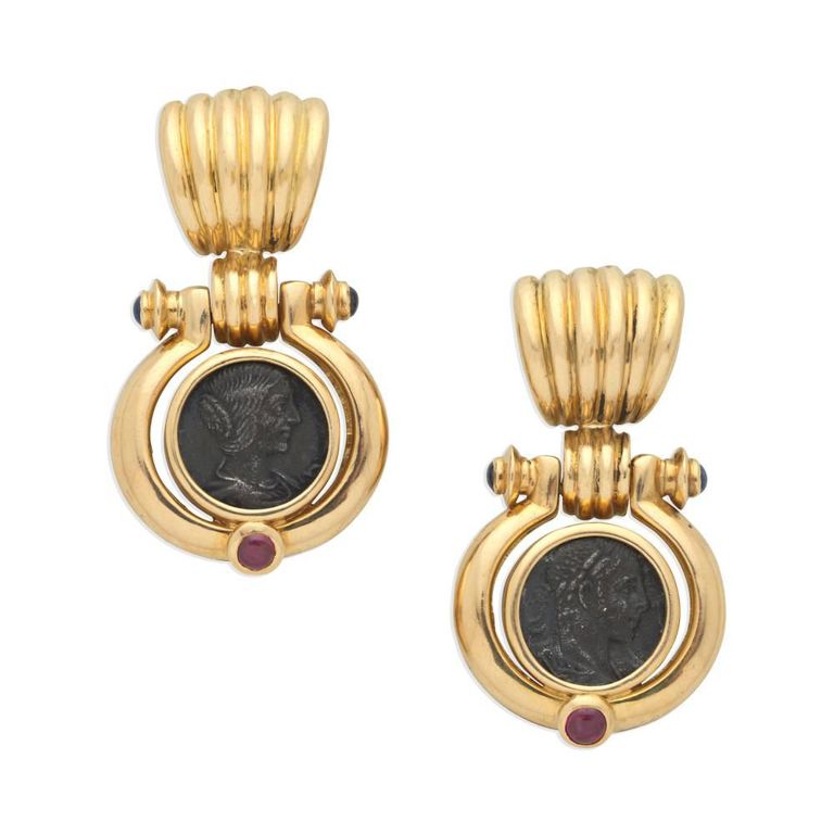 18k Gold Gem-Set Roman Coin Earrings