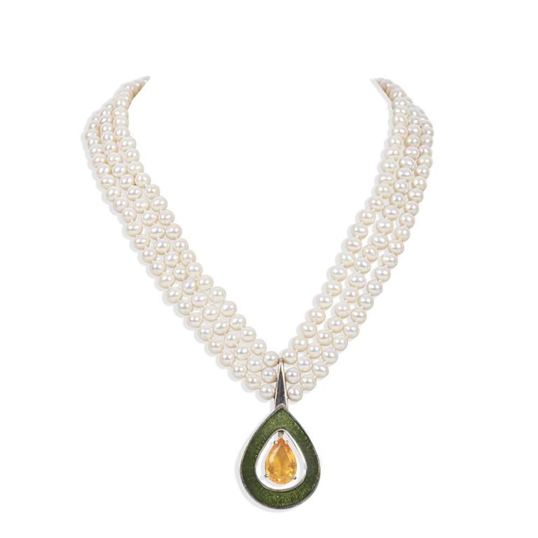 Citrine Enamel and Pearl Pendant Necklace