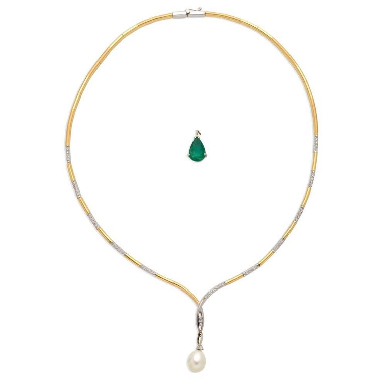 Pearl, Diamond Necklace and Emerald Pendant