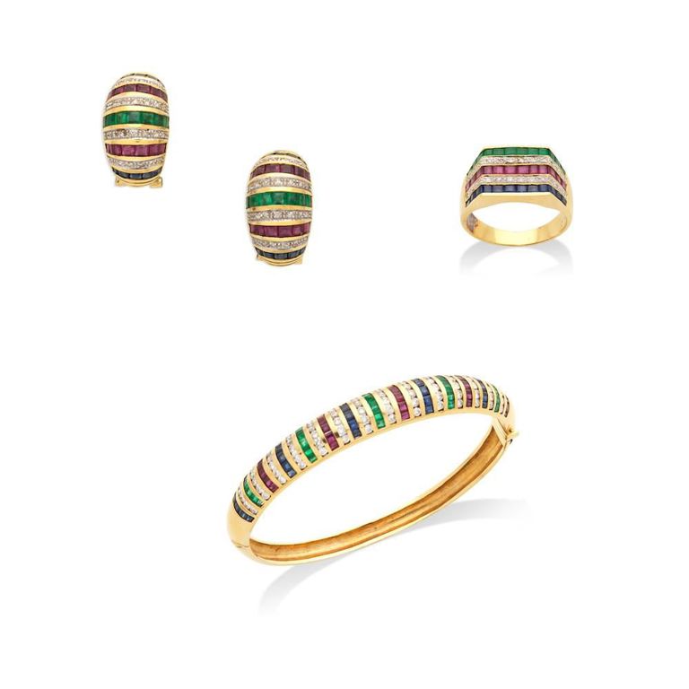 Gem-Set Bangle Ring and Earrings Suite