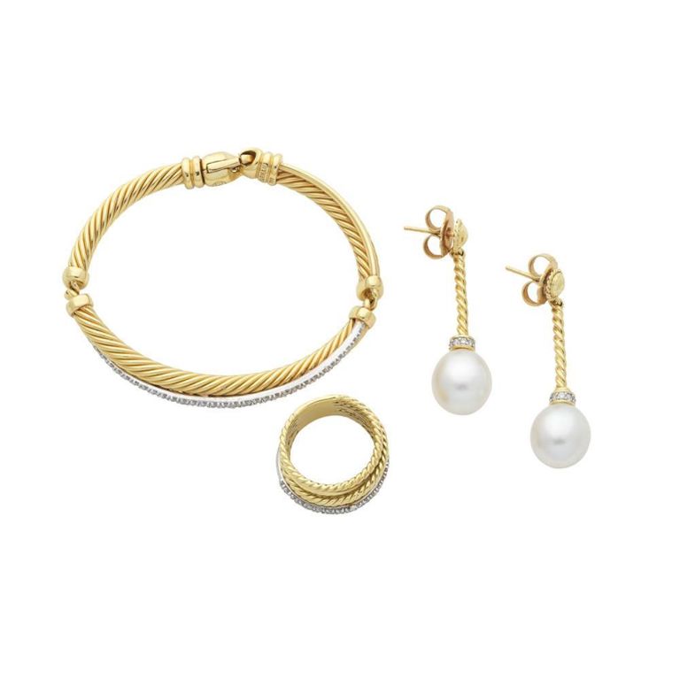 Diamond, Pearl Bracelet Ring and Earrings