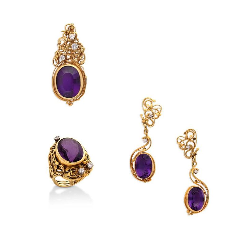 Amethyst and Diamond Pendant Ring and Earrings