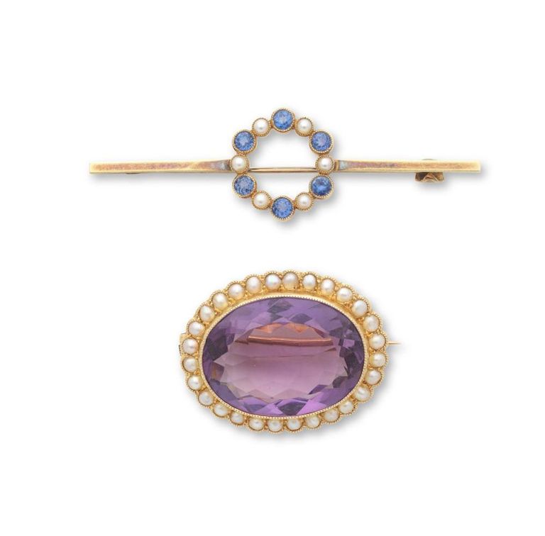 Amethyst, Sapphire and Seed Pearl Brooches