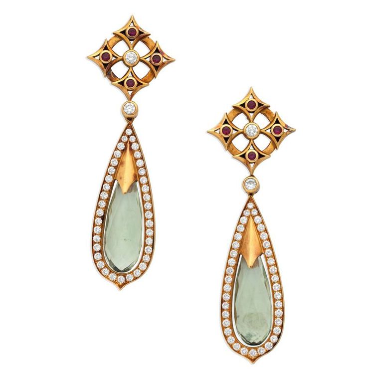 Diamond, Quartz and Ruby Earrings