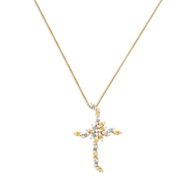 Sapphire and Diamond Cross Pendant Necklace