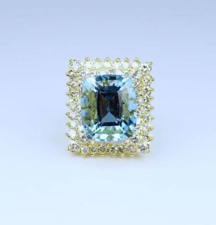 18k Yellow Gold Aquamarine and Diamond Ring