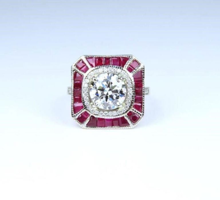 18k White Gold Synthetic Diamond and Ruby Ring