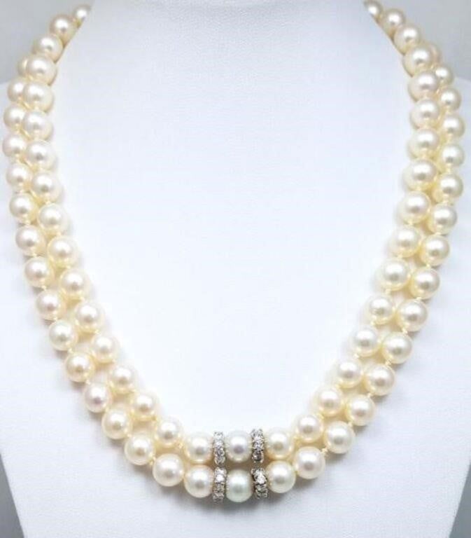Two 14k White Gold Pearl and Diamond Necklaces