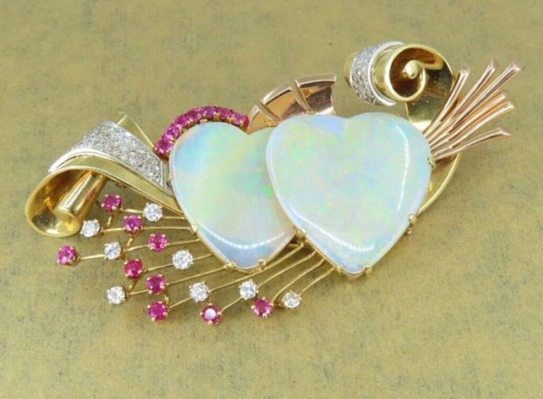 14k Gold Opal, Ruby and Diamond Brooch